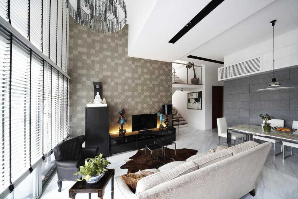 Eclectic Living Room with Feature Wall and Chandelier