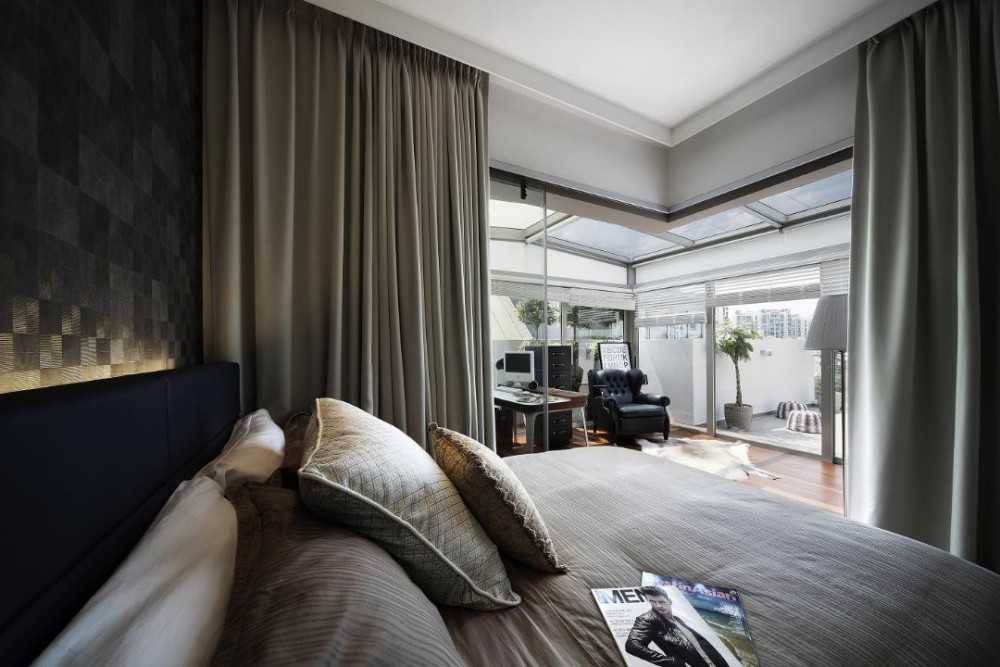 Eclectic Bedroom with Curtain and Room Divider