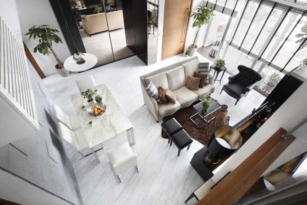Eclectic Living Room with Marble Floor and Mirror