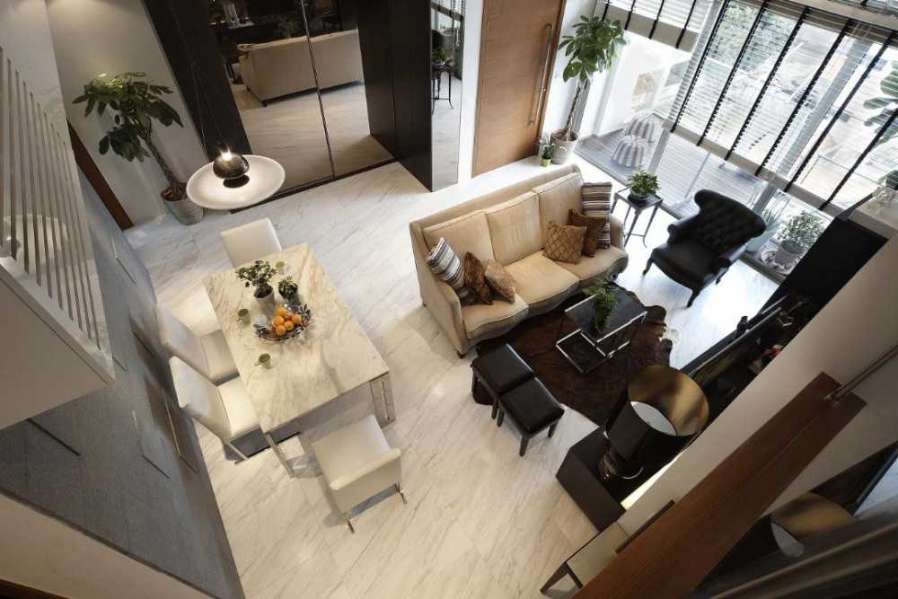 Eclectic Living Room with Marble Floor and Sofa