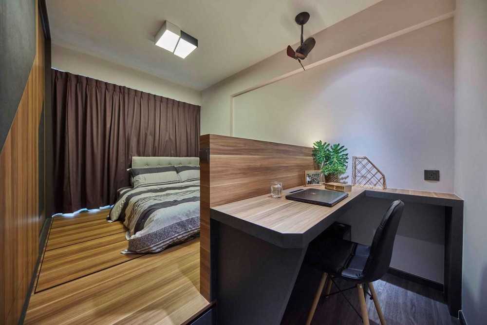 Industrial Bedroom with Vinyl Flooring and Feature Wall