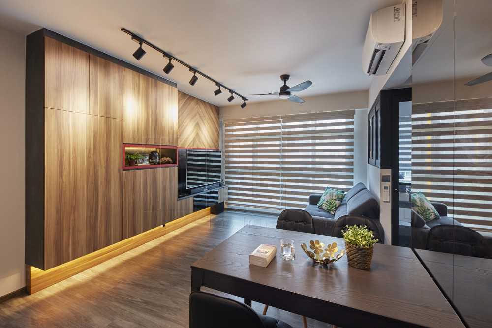 Industrial Living Room with TV Console and Feature Wall