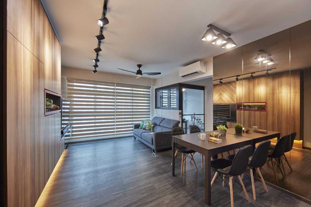 Industrial Dining Room with Mirror and Dining Table