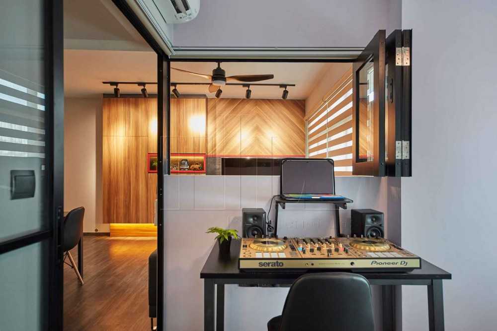 Industrial Home Office with Feature Wall and Window Seat