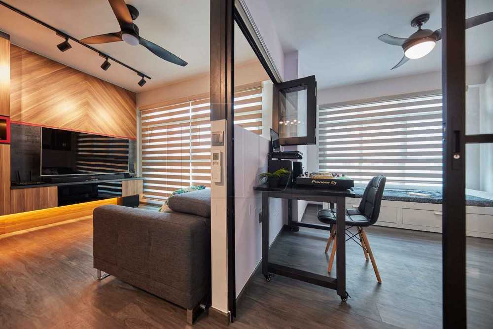 Industrial Home Office with Feature Wall and Bay Window