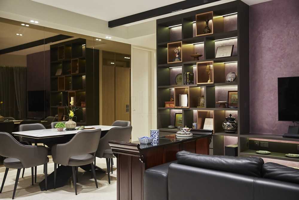 Asian Living Room with Mirror and Cove Lighting
