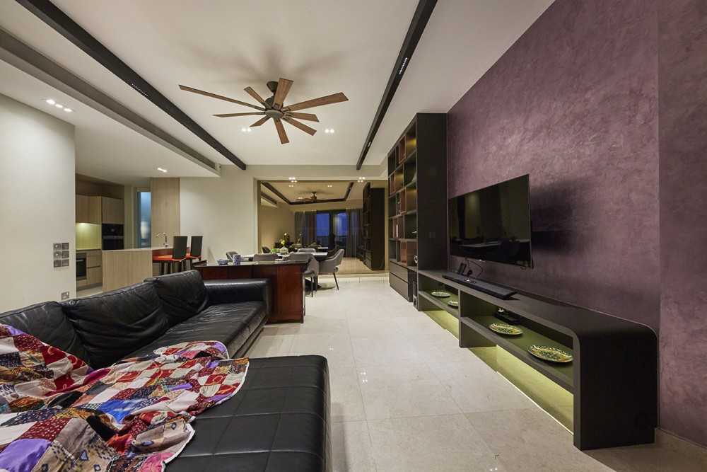 Asian Living Room with TV Console and Feature Wall