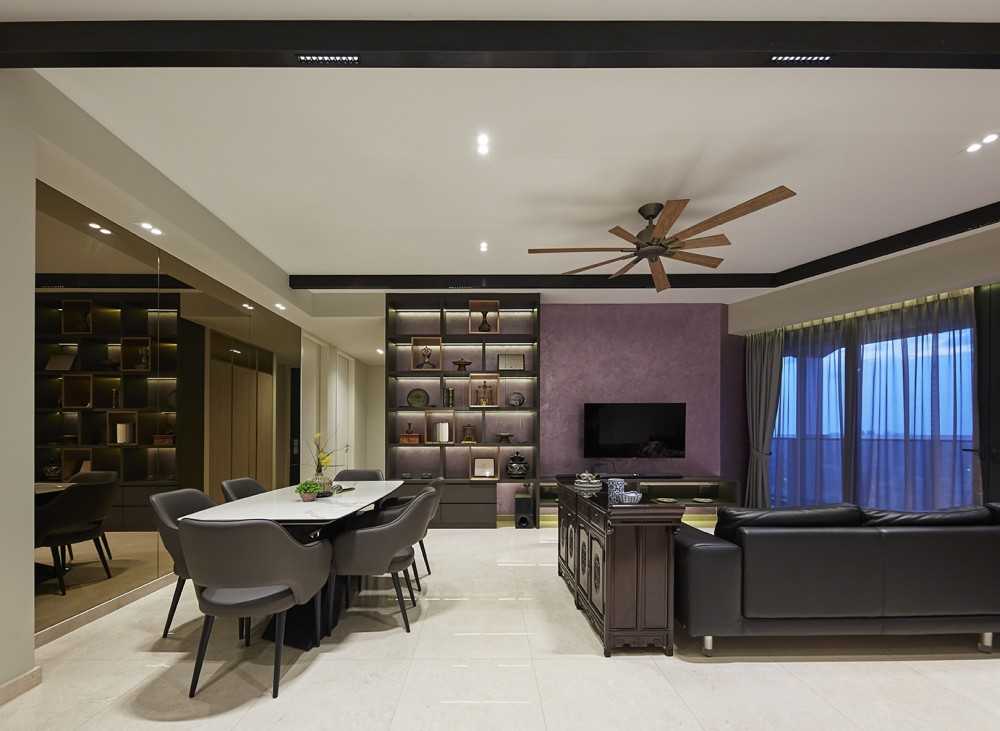 Asian Living Room with Feature Wall and Mirror