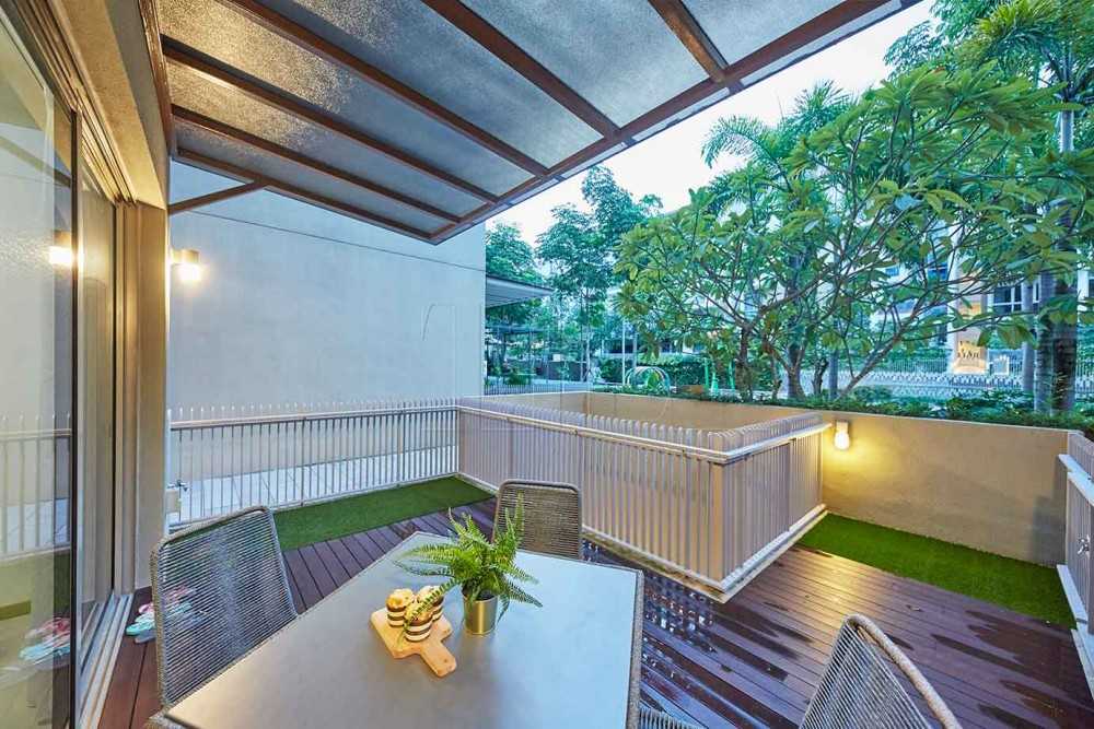 Minimalist Patio with Window Seat and Outdoor Table