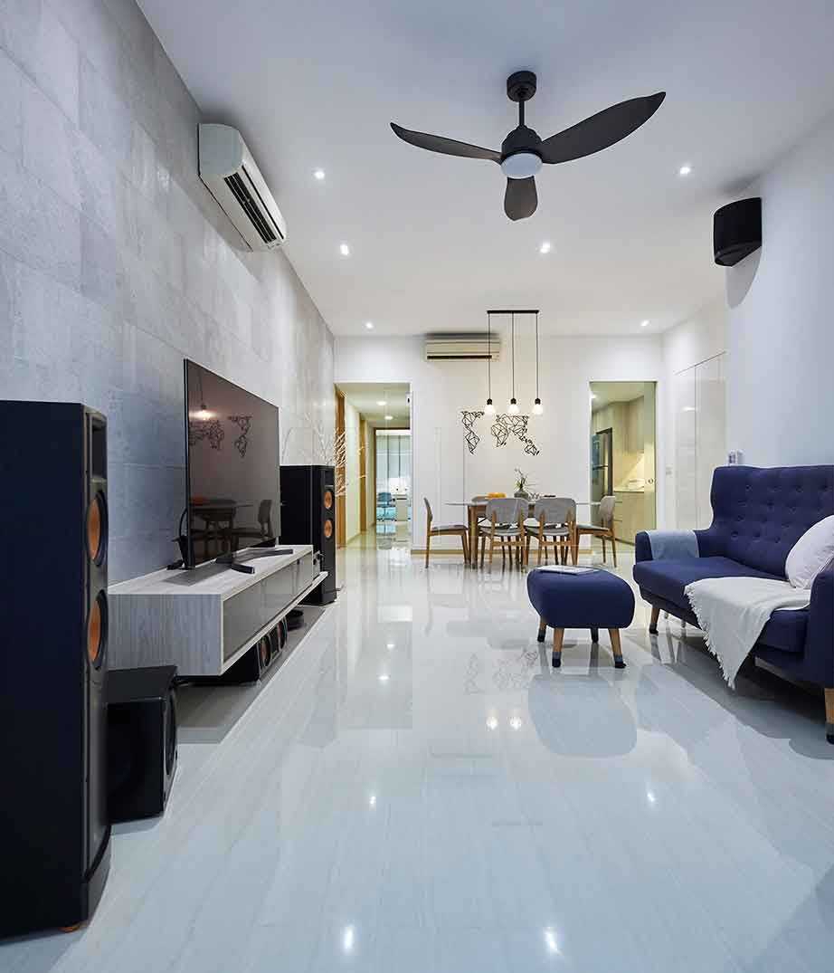 Minimalist Living Room with TV Console and Ceiling Fan