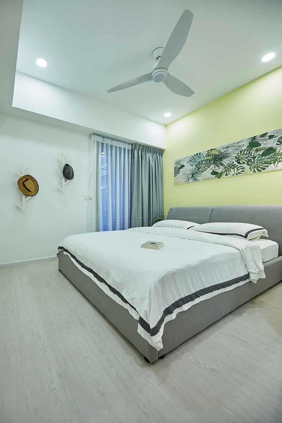 Minimalist Bedroom with Vinyl Flooring and Feature Wall