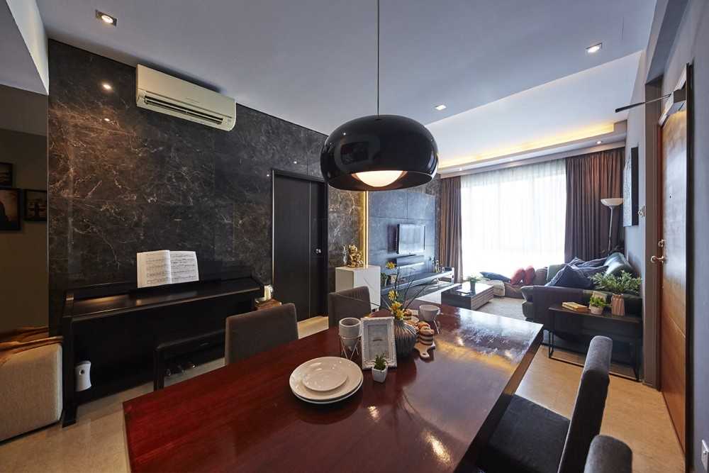 Contemporary Dining Room with TV Console and Drop Light