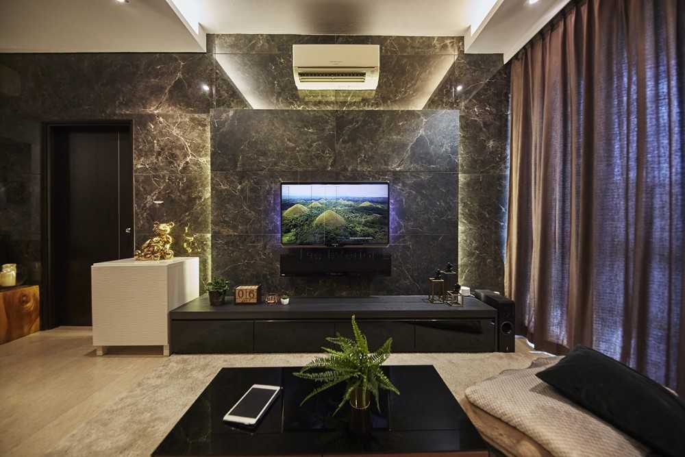 Contemporary Living Room with TV Console and Cove Lighting