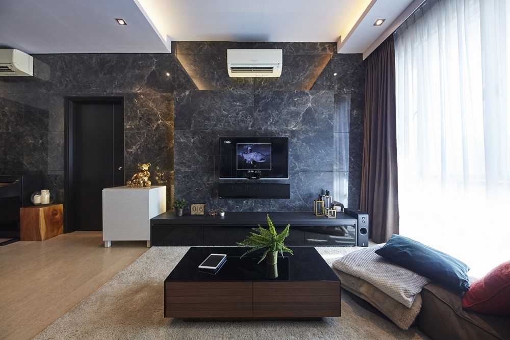 Contemporary Living Room with TV Console and Feature Wall