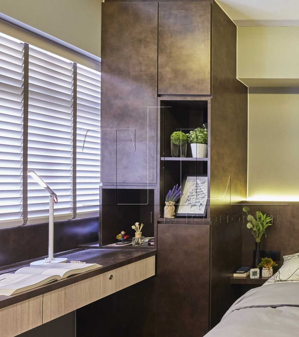 Contemporary Home Office with Cove Lighting and Bedside Table