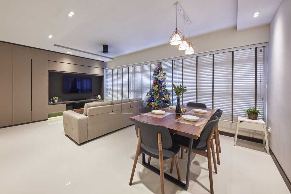 Contemporary Dining Room with Window Shutters and Dining Table