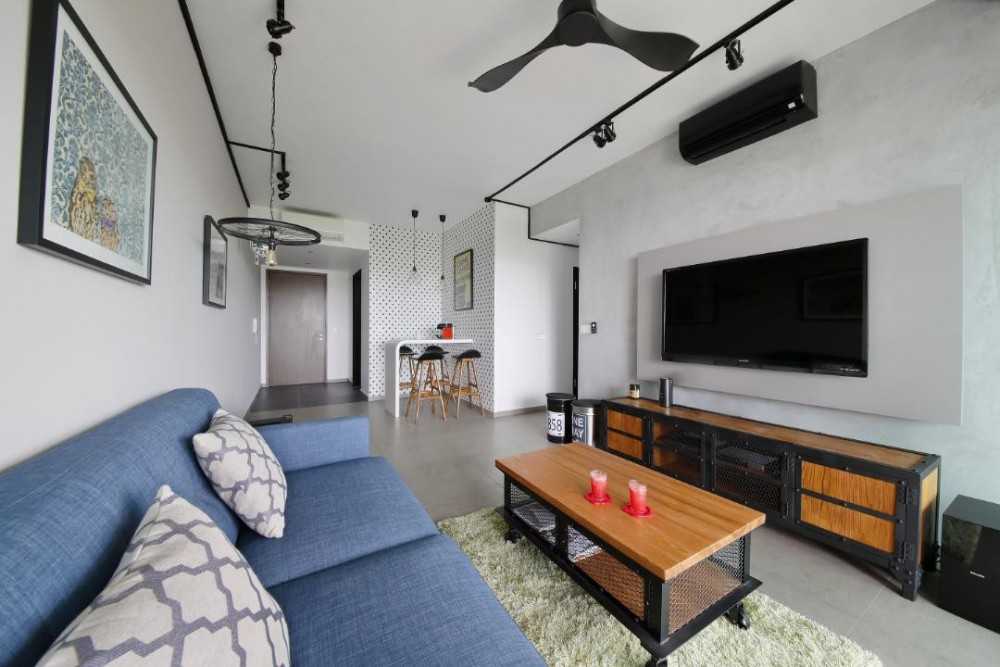 Industrial Living Room with TV Console and Sofa