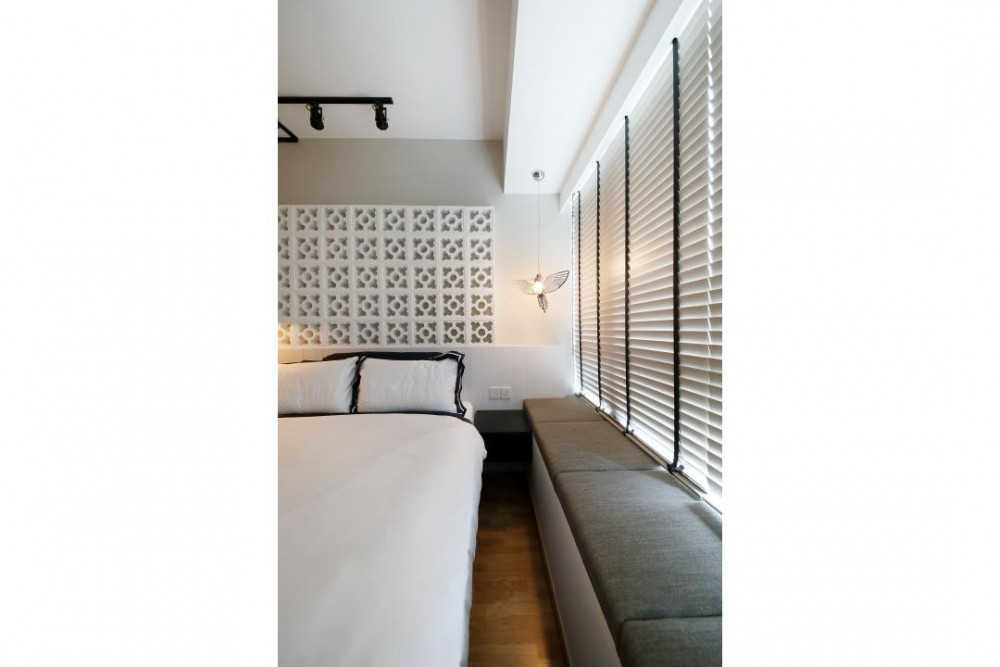 Industrial Bedroom with Bay Window and Queen Bed