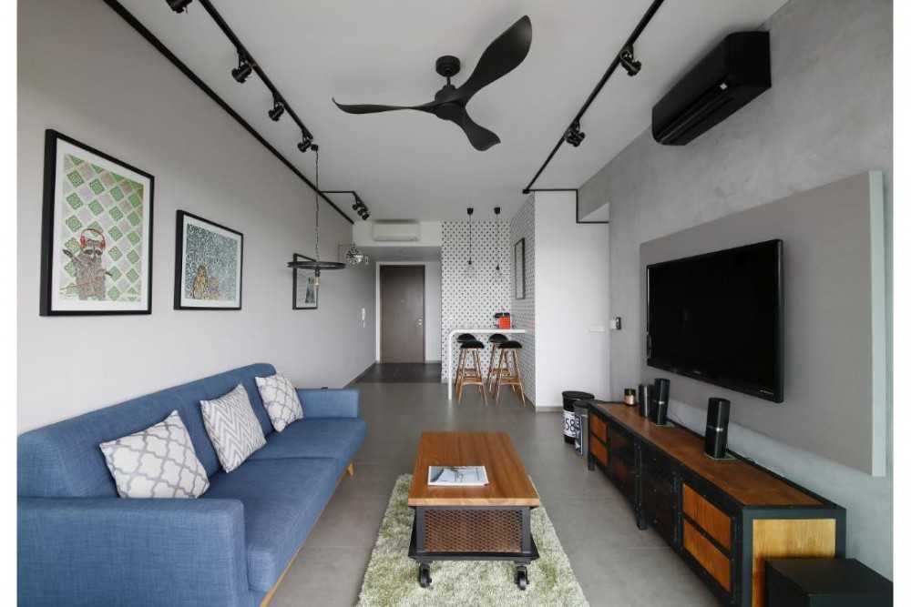 Industrial Living Room with TV Console and Feature Wall