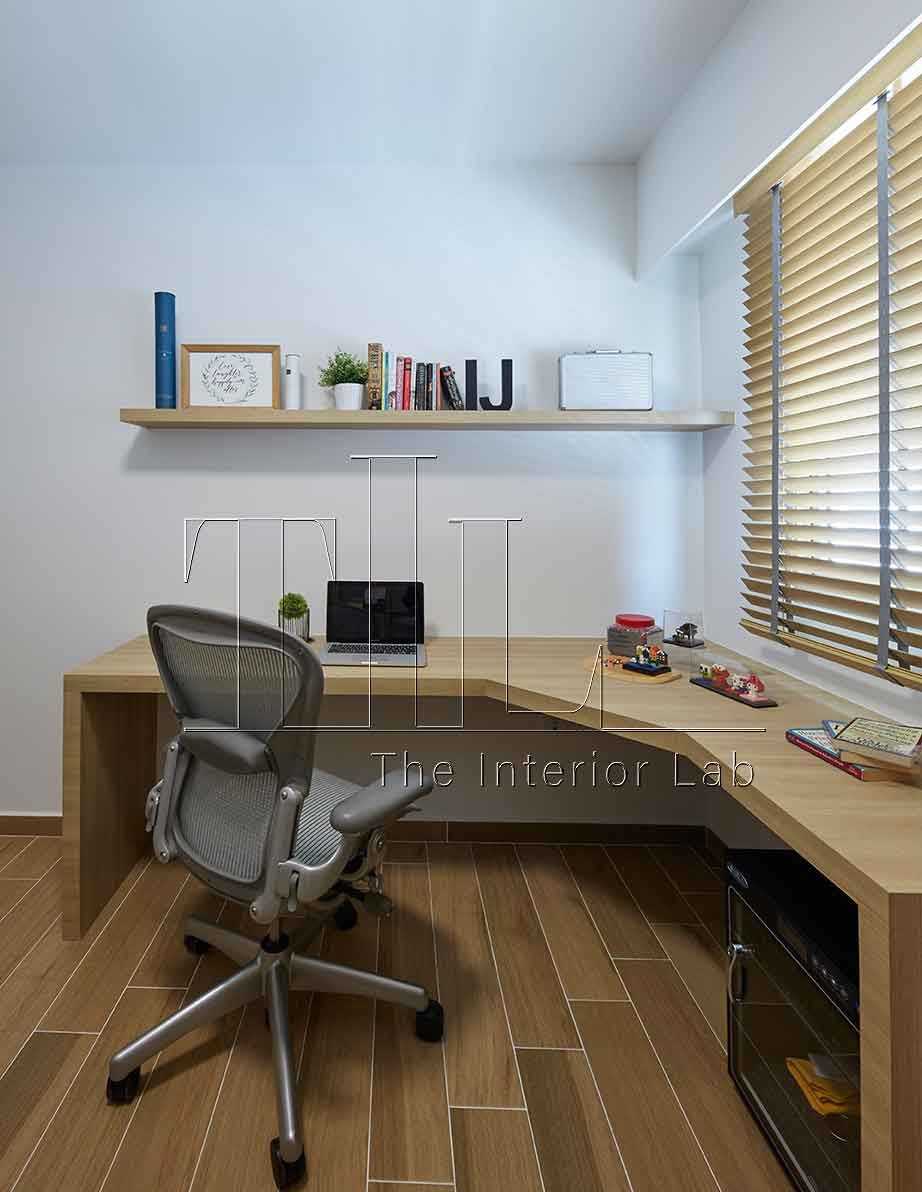 Scandinavian Home Office with Bookshelf and Window Seat
