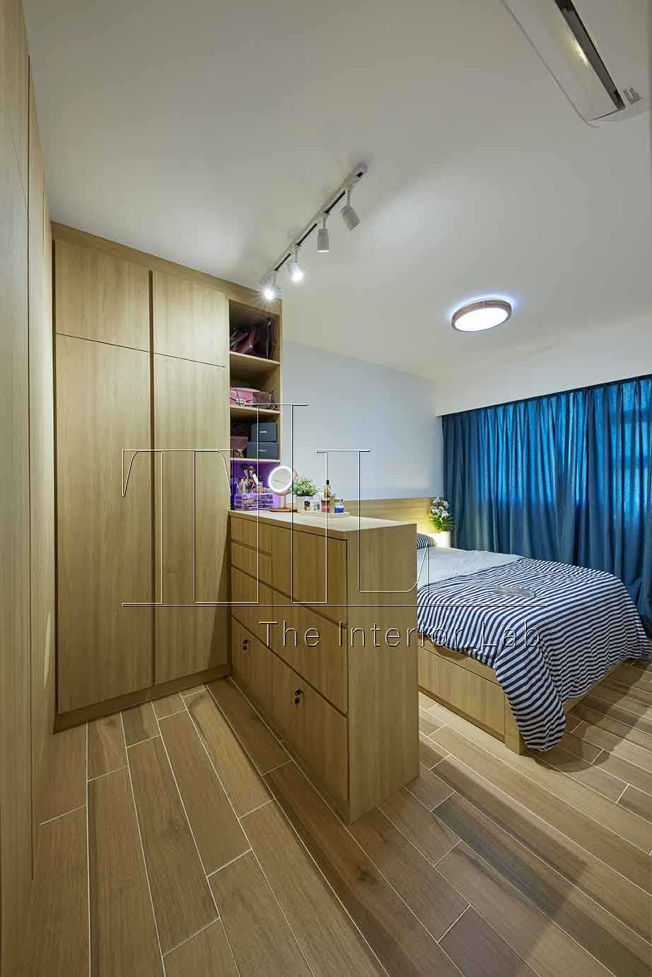 Scandinavian Bedroom with Wood Flooring and Curtain