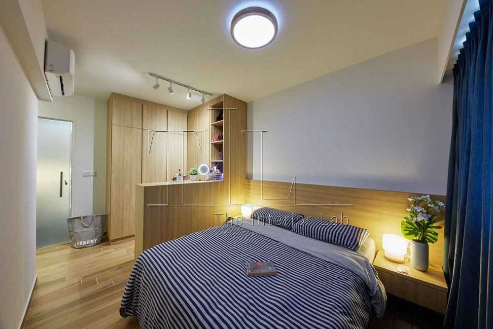 Scandinavian Bedroom with Wood Flooring and Closet