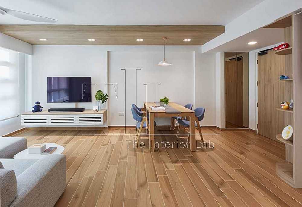 Scandinavian Living Room with Wood Flooring and TV Console