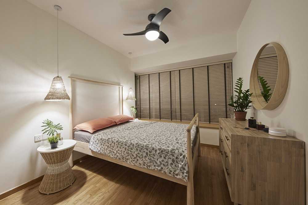 Contemporary Bedroom with Wood Flooring and Drop Light