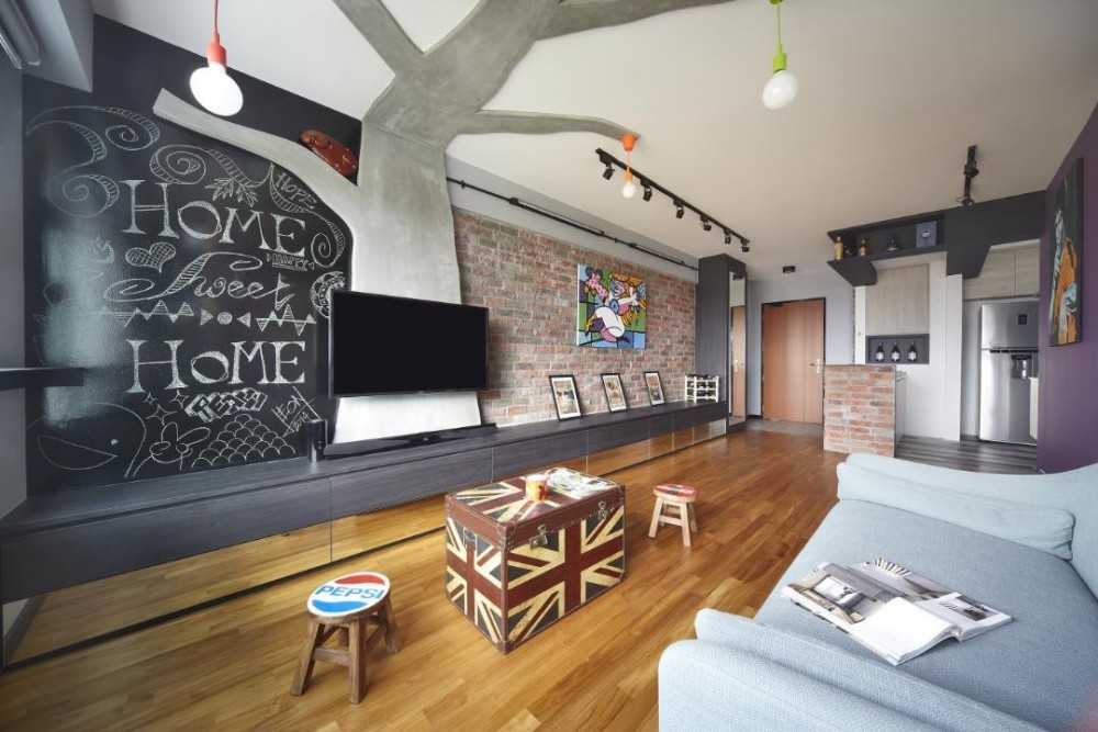 Eclectic Living Room with Feature Wall and Coffee Table