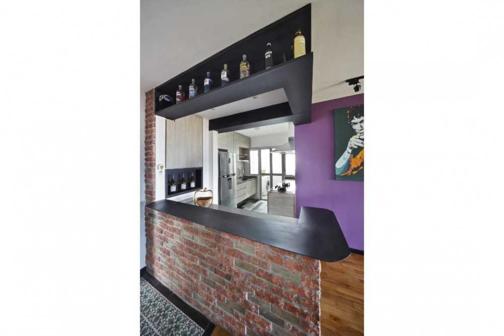 Eclectic Kitchen with Feature Wall and Bar Counter