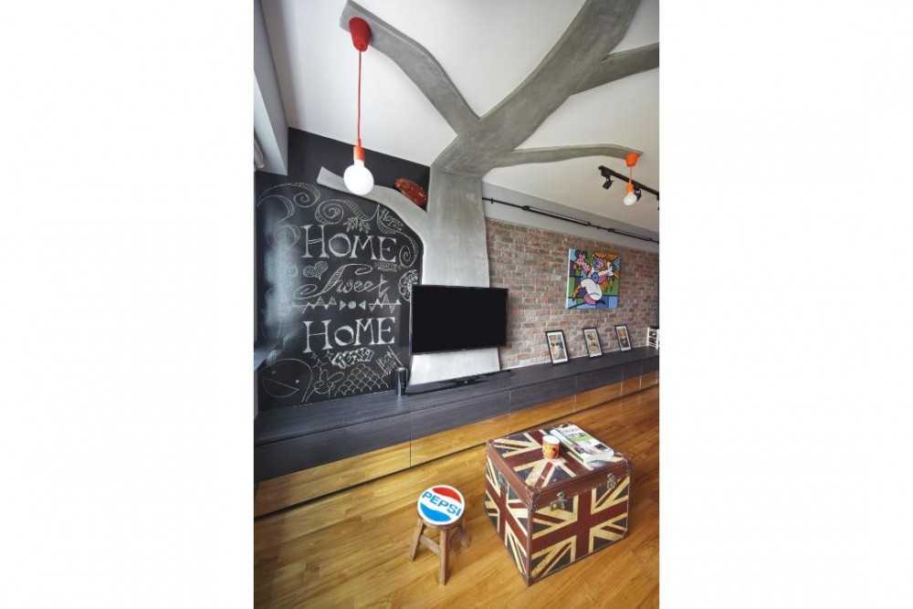 Eclectic Living Room with Feature Wall and Drop Light