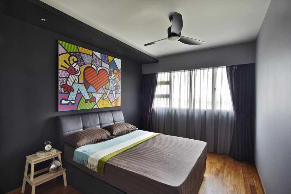 Eclectic Bedroom with Paintings and Stools
