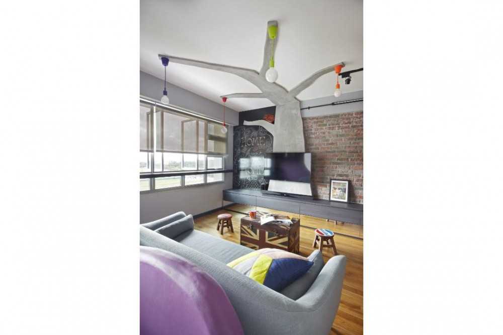 Eclectic Living Room with Feature Wall and Drop Light