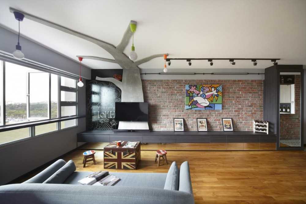 Eclectic Living Room with Feature Wall and Drop Light