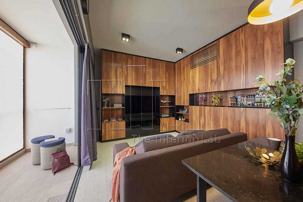 Contemporary Living Room with Homogeneous Tiles and TV Console