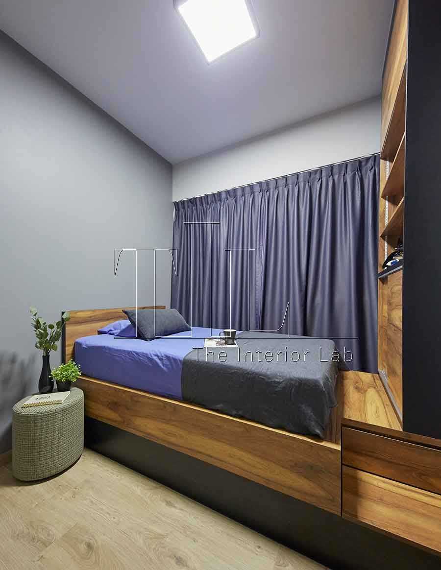 Contemporary Bedroom with Bookshelf and Platform Bed