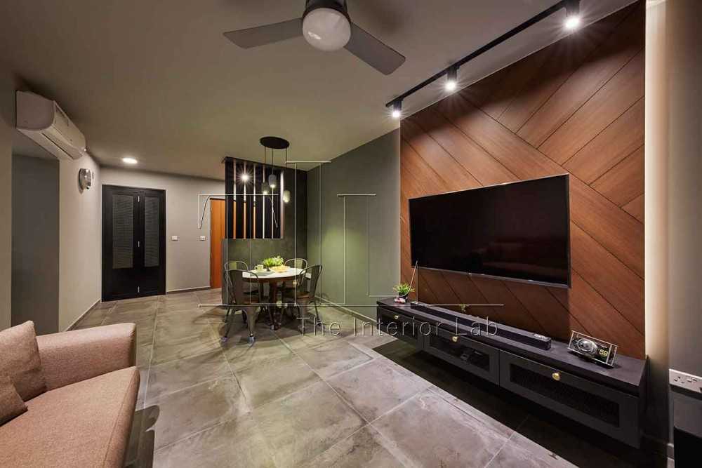 Industrial Living Room with TV Console and Feature Wall