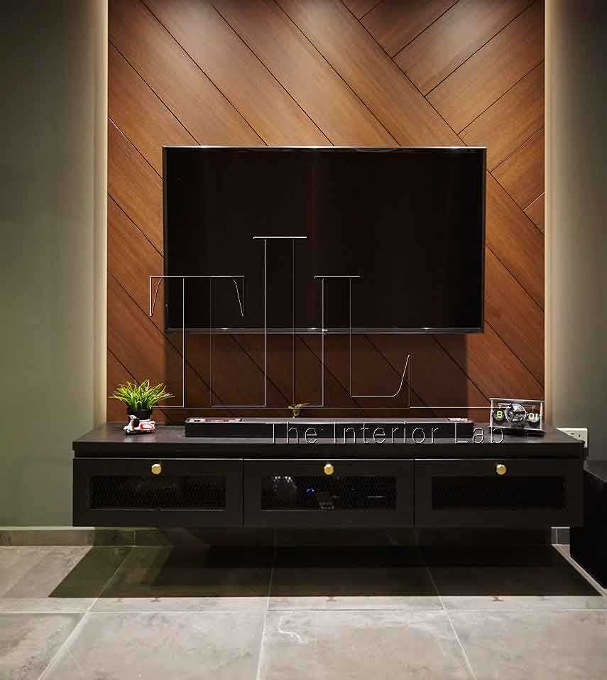 Industrial Living Room with TV Console and Feature Wall