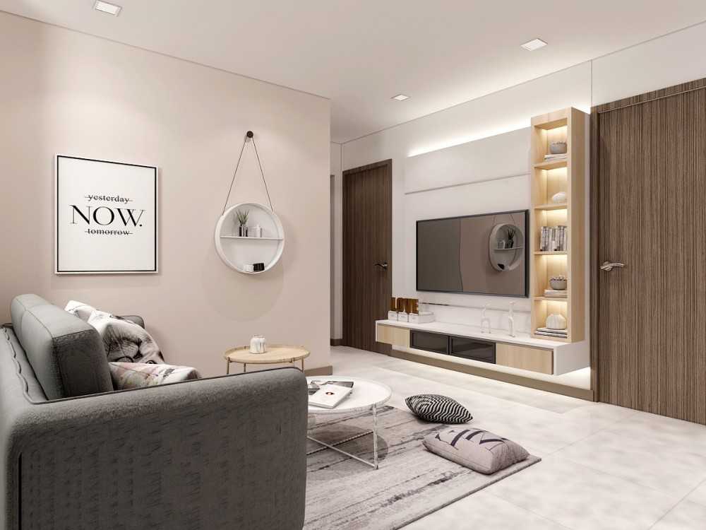 Contemporary Living Room with Homogeneous Tiles and Ceiling Light