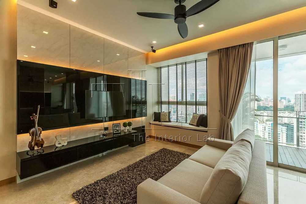 Modern Living Room with TV Console and Bay Window