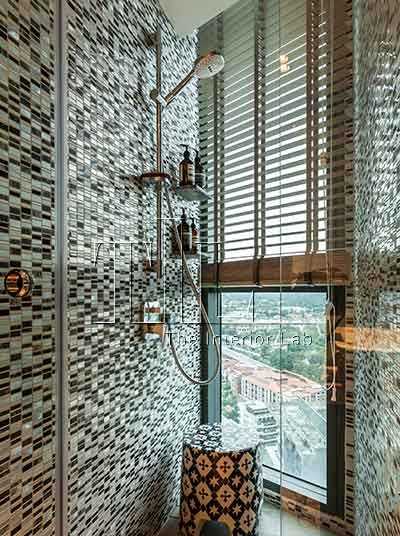 Industrial Bathroom with Bay Window and Shower Screen