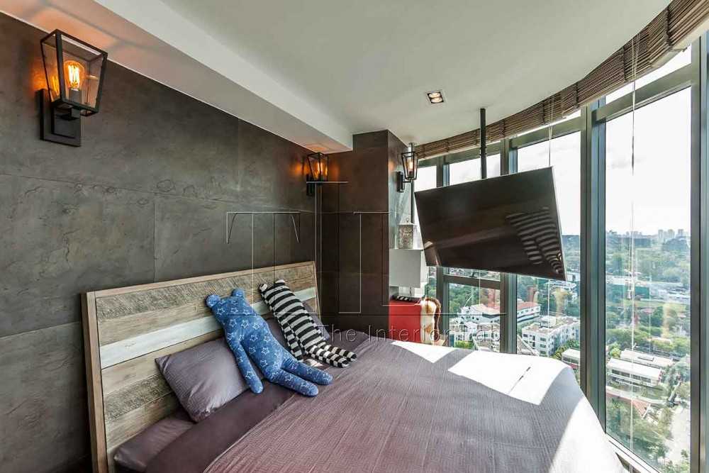 Industrial Bedroom with Bay Window and Bedside Table