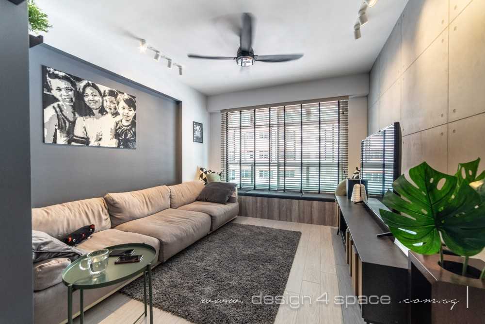 Industrial Living Room with Bay Window and Ceiling Light