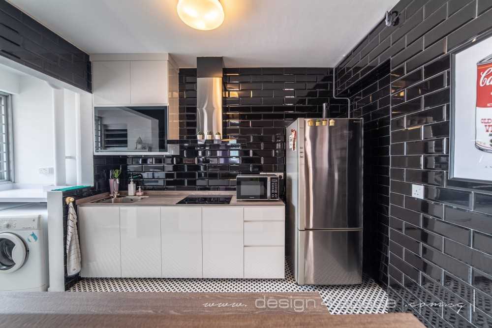 Industrial Kitchen with Homogeneous Tiles and Kitchen Window