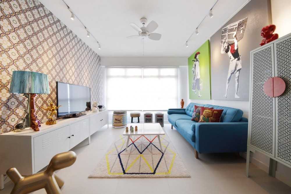 Transitional Living Room with TV Console and Feature Wall