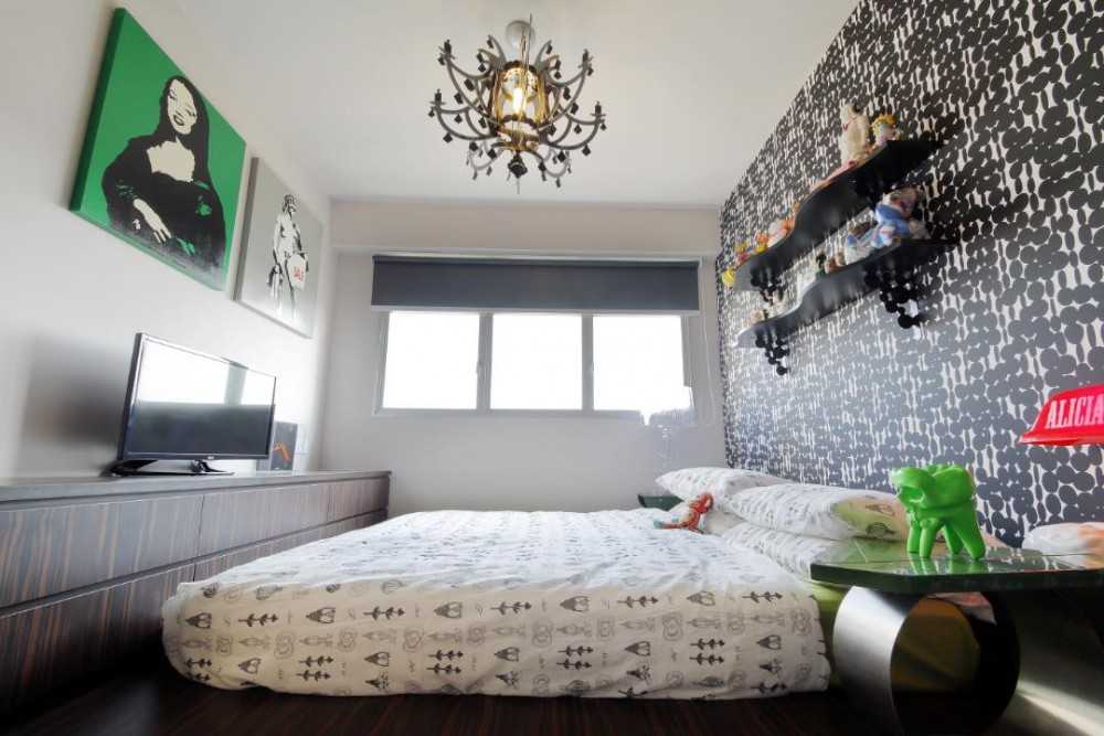 Transitional Bedroom with TV Console and Feature Wall