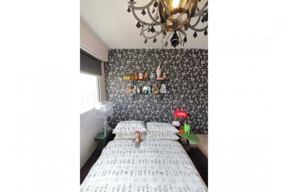 Transitional Bedroom with Feature Wall and Chandelier