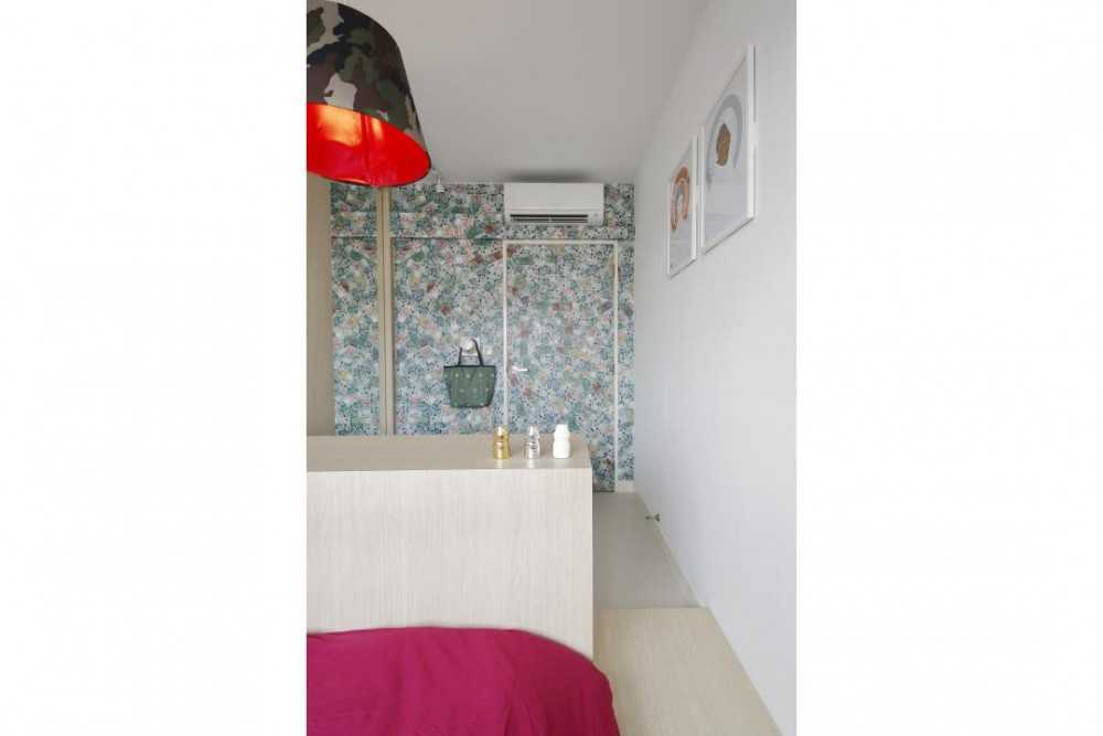 Transitional Bedroom with Feature Wall and Room Divider