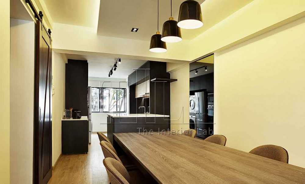 Industrial Dining Room with Open Kitchen and Breakfast Counter