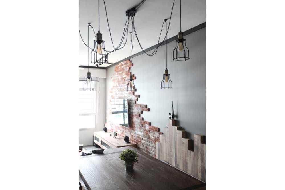 Industrial Dining Room with Feature Wall and Drop Light